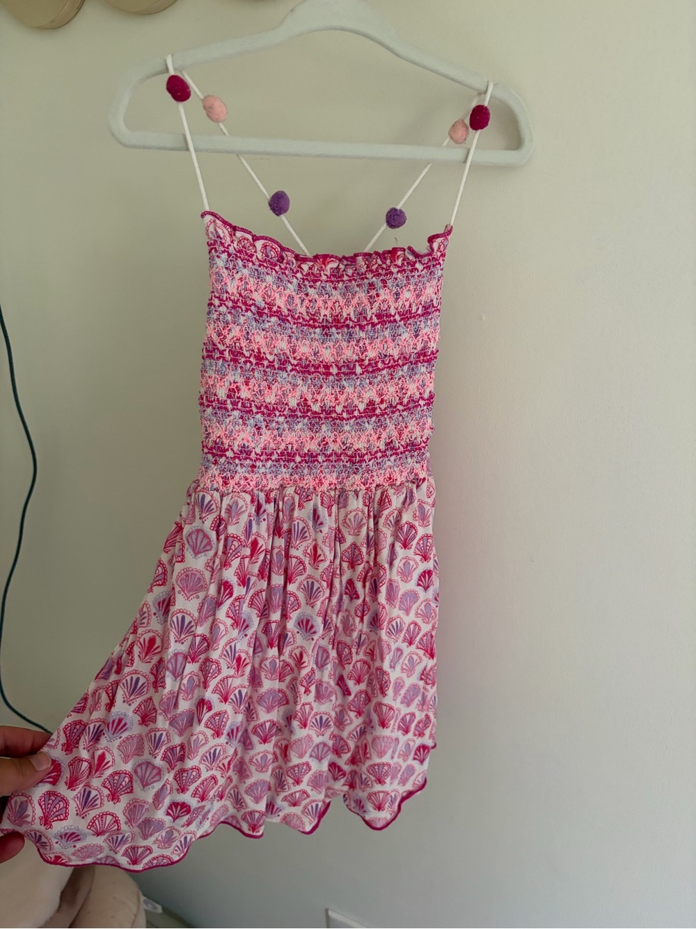 Girls Pink Smocked Shell-Print Sundress with Pom-Trim Straps